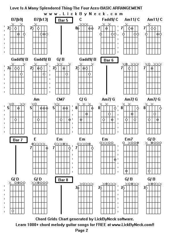 Chord Grids Chart of chord melody fingerstyle guitar song-Love Is A Many Splendored Thing-The Four Aces-BASIC ARRANGEMENT,generated by LickByNeck software.